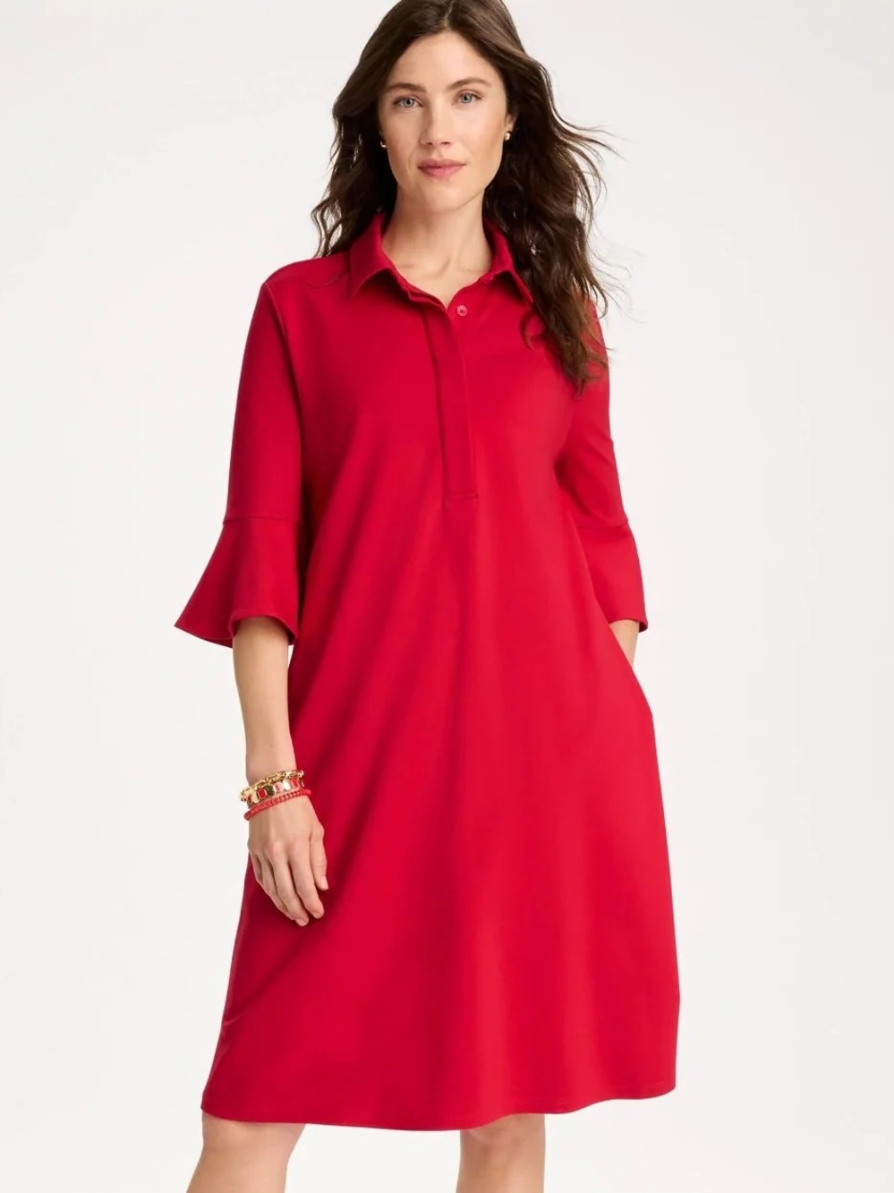 Chico's Zen Sport NWT Ruffle Slv Polo Dress Maderia Red Midi 4/XXL